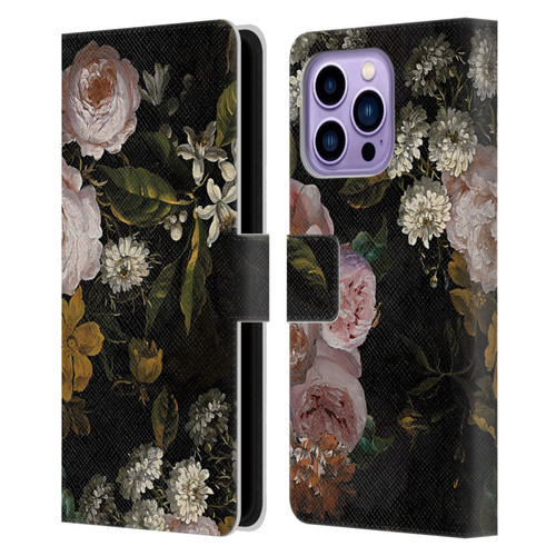 UtArt Antique Flowers Roses And Baby's Breath Leather Book Wallet Case Cover For Apple iPhone 14 Pro Max