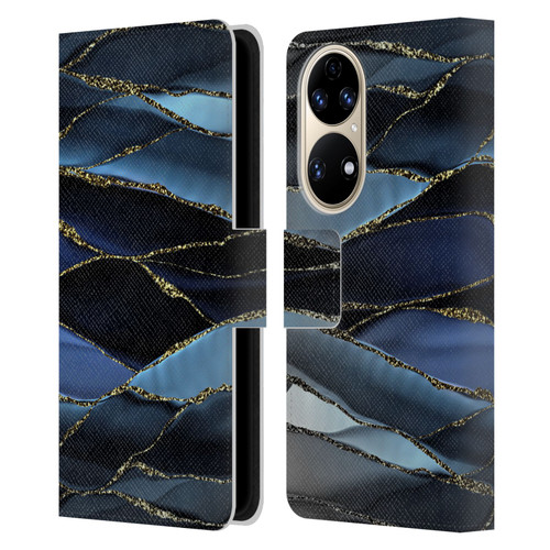 UtArt Dark Night Marble Deep Sparkle Waves Leather Book Wallet Case Cover For Huawei P50