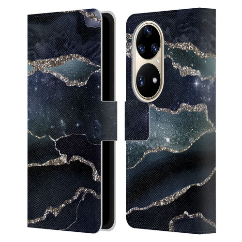 UtArt Dark Night Marble Silver Midnight Sky Leather Book Wallet Case Cover For Huawei P50 Pro
