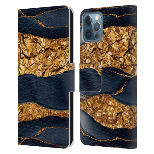 UtArt Dark Night Marble Gold Foil And Ink Leather Book Wallet Case Cover For Apple iPhone 12 / iPhone 12 Pro