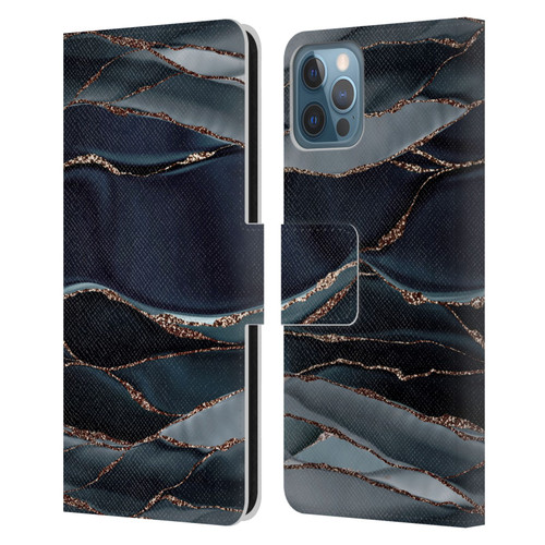 UtArt Dark Night Marble Waves Leather Book Wallet Case Cover For Apple iPhone 12 / iPhone 12 Pro