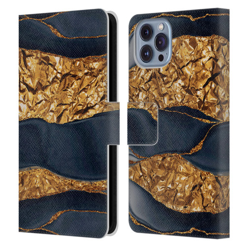 UtArt Dark Night Marble Gold Foil And Ink Leather Book Wallet Case Cover For Apple iPhone 14