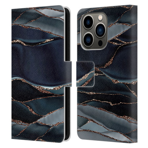 UtArt Dark Night Marble Waves Leather Book Wallet Case Cover For Apple iPhone 14 Pro