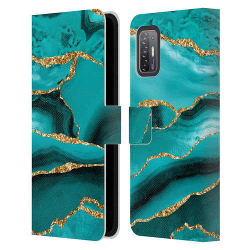 UtArt Malachite Emerald Aquamarine Gold Waves Leather Book Wallet Case Cover For HTC Desire 21 Pro 5G