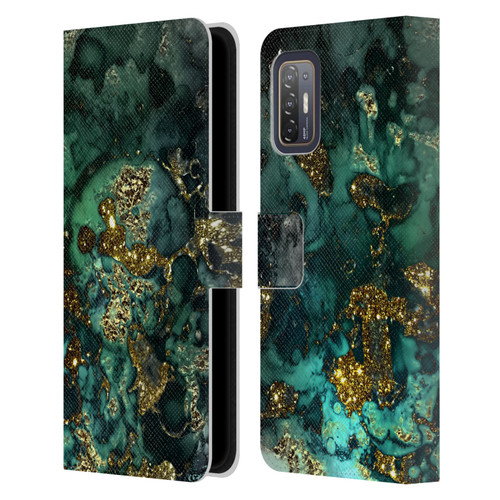 UtArt Malachite Emerald Gold And Seafoam Green Leather Book Wallet Case Cover For HTC Desire 21 Pro 5G