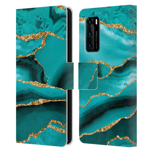 UtArt Malachite Emerald Aquamarine Gold Waves Leather Book Wallet Case Cover For Huawei P40 5G