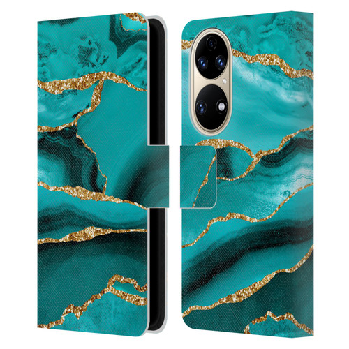 UtArt Malachite Emerald Aquamarine Gold Waves Leather Book Wallet Case Cover For Huawei P50