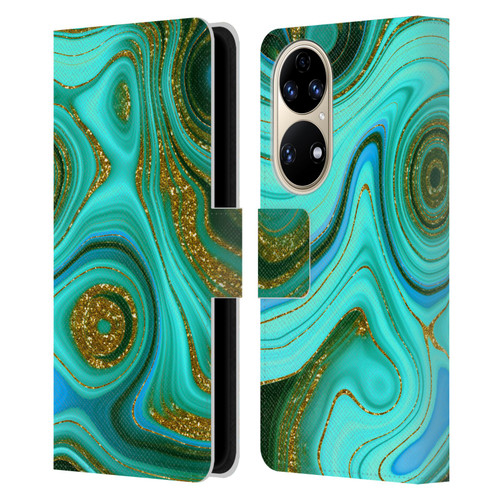 UtArt Malachite Emerald Liquid Gem Leather Book Wallet Case Cover For Huawei P50