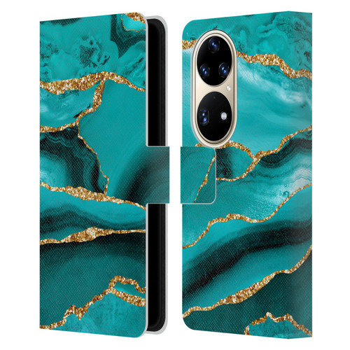 UtArt Malachite Emerald Aquamarine Gold Waves Leather Book Wallet Case Cover For Huawei P50 Pro