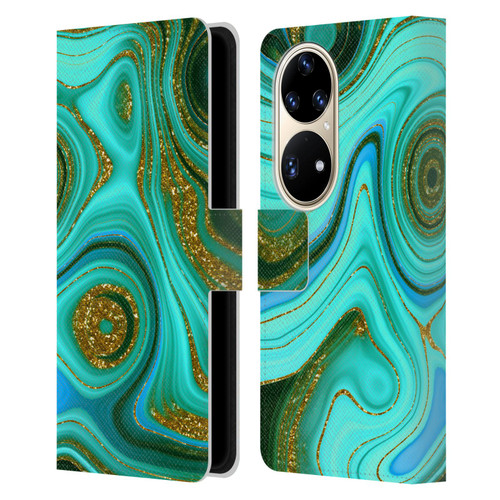 UtArt Malachite Emerald Liquid Gem Leather Book Wallet Case Cover For Huawei P50 Pro
