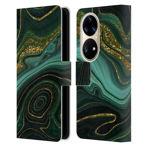 UtArt Malachite Emerald Gilded Teal Leather Book Wallet Case Cover For Huawei P50 Pro