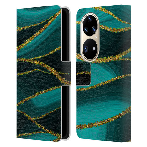 UtArt Malachite Emerald Turquoise Shimmers Leather Book Wallet Case Cover For Huawei P50 Pro