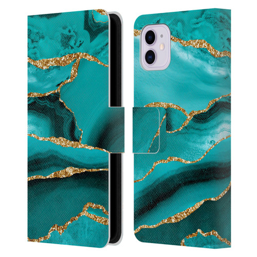 UtArt Malachite Emerald Aquamarine Gold Waves Leather Book Wallet Case Cover For Apple iPhone 11