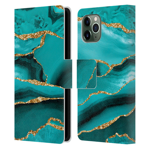 UtArt Malachite Emerald Aquamarine Gold Waves Leather Book Wallet Case Cover For Apple iPhone 11 Pro