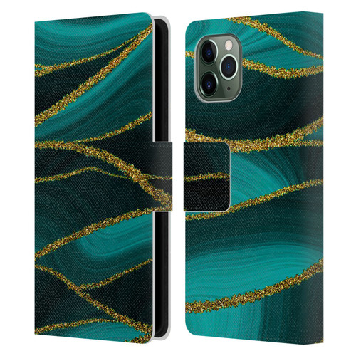 UtArt Malachite Emerald Turquoise Shimmers Leather Book Wallet Case Cover For Apple iPhone 11 Pro