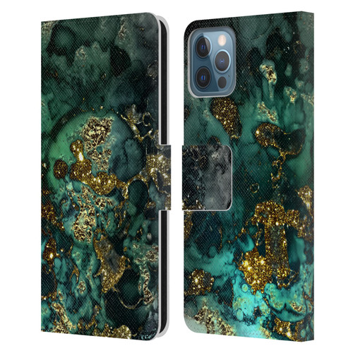 UtArt Malachite Emerald Gold And Seafoam Green Leather Book Wallet Case Cover For Apple iPhone 12 / iPhone 12 Pro
