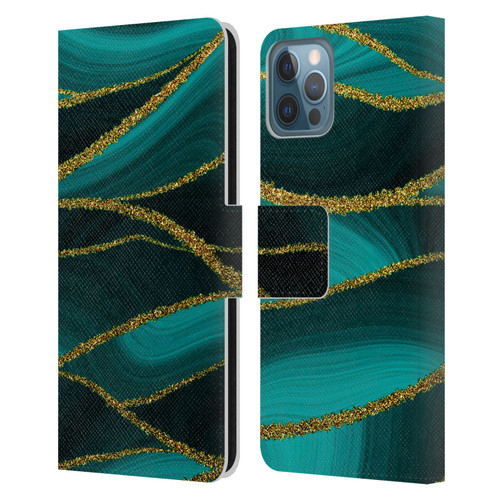 UtArt Malachite Emerald Turquoise Shimmers Leather Book Wallet Case Cover For Apple iPhone 12 / iPhone 12 Pro