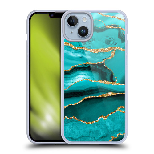 UtArt Malachite Emerald Aquamarine Gold Waves Soft Gel Case for Apple iPhone 14 Plus