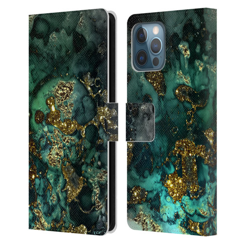 UtArt Malachite Emerald Gold And Seafoam Green Leather Book Wallet Case Cover For Apple iPhone 12 Pro Max