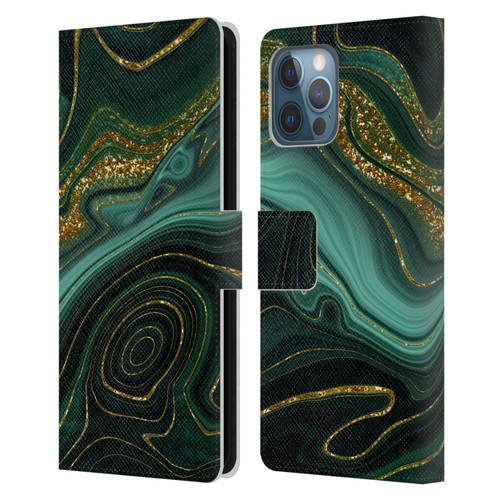 UtArt Malachite Emerald Gilded Teal Leather Book Wallet Case Cover For Apple iPhone 12 Pro Max
