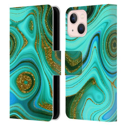 UtArt Malachite Emerald Liquid Gem Leather Book Wallet Case Cover For Apple iPhone 13 Mini