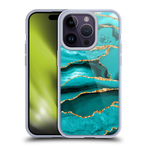 UtArt Malachite Emerald Aquamarine Gold Waves Soft Gel Case for Apple iPhone 14 Pro