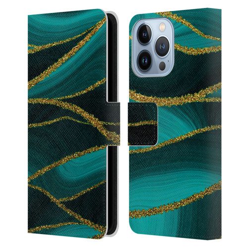 UtArt Malachite Emerald Turquoise Shimmers Leather Book Wallet Case Cover For Apple iPhone 13 Pro