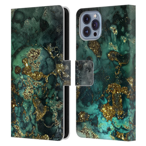 UtArt Malachite Emerald Gold And Seafoam Green Leather Book Wallet Case Cover For Apple iPhone 14