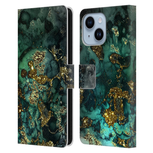 UtArt Malachite Emerald Gold And Seafoam Green Leather Book Wallet Case Cover For Apple iPhone 14 Plus
