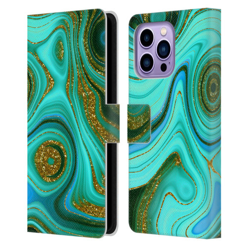 UtArt Malachite Emerald Liquid Gem Leather Book Wallet Case Cover For Apple iPhone 14 Pro Max