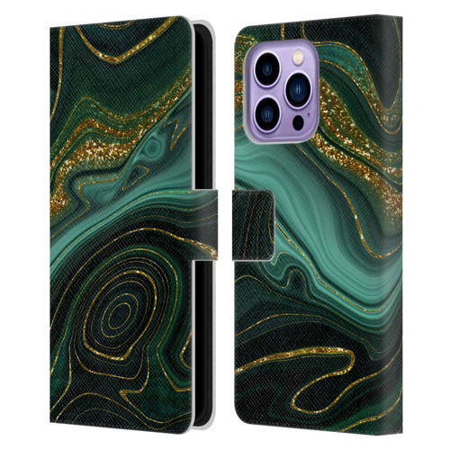 UtArt Malachite Emerald Gilded Teal Leather Book Wallet Case Cover For Apple iPhone 14 Pro Max