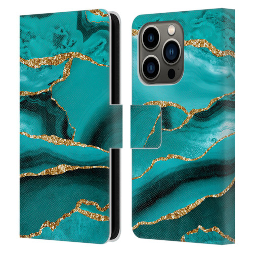 UtArt Malachite Emerald Aquamarine Gold Waves Leather Book Wallet Case Cover For Apple iPhone 14 Pro