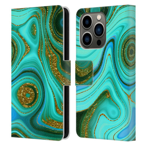 UtArt Malachite Emerald Liquid Gem Leather Book Wallet Case Cover For Apple iPhone 14 Pro