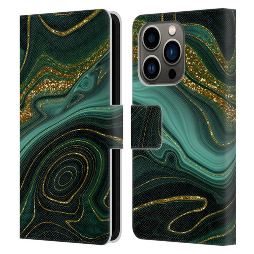 UtArt Malachite Emerald Gilded Teal Leather Book Wallet Case Cover For Apple iPhone 14 Pro