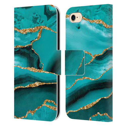 UtArt Malachite Emerald Aquamarine Gold Waves Leather Book Wallet Case Cover For Apple iPhone 7 / 8 / SE 2020 & 2022