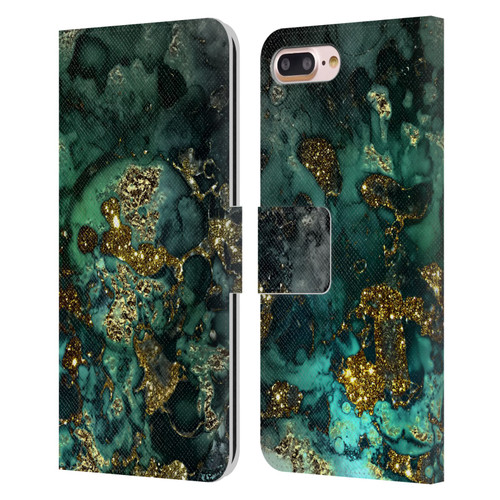 UtArt Malachite Emerald Gold And Seafoam Green Leather Book Wallet Case Cover For Apple iPhone 7 Plus / iPhone 8 Plus