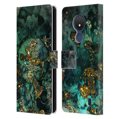 UtArt Malachite Emerald Gold And Seafoam Green Leather Book Wallet Case Cover For Nokia C21