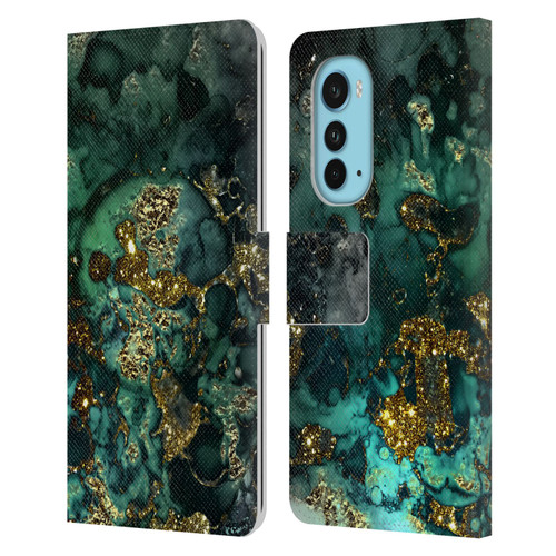 UtArt Malachite Emerald Gold And Seafoam Green Leather Book Wallet Case Cover For Motorola Edge (2022)