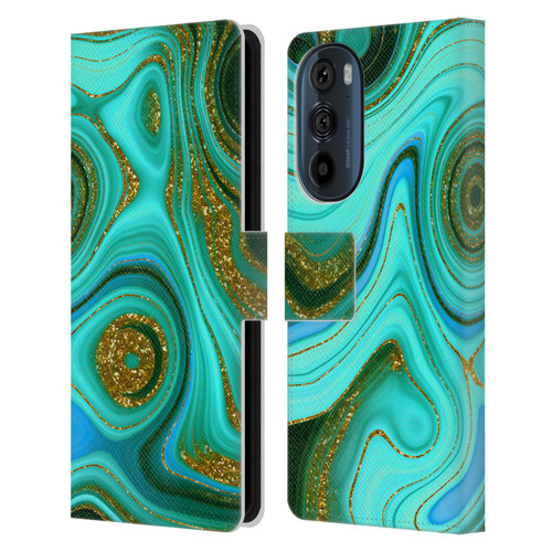 UtArt Malachite Emerald Liquid Gem Leather Book Wallet Case Cover For Motorola Edge 30
