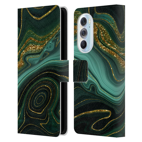 UtArt Malachite Emerald Gilded Teal Leather Book Wallet Case Cover For Motorola Edge X30