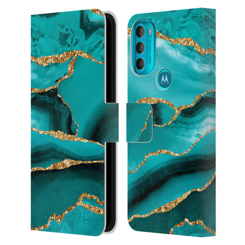 UtArt Malachite Emerald Aquamarine Gold Waves Leather Book Wallet Case Cover For Motorola Moto G71 5G
