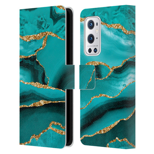 UtArt Malachite Emerald Aquamarine Gold Waves Leather Book Wallet Case Cover For OnePlus 9 Pro