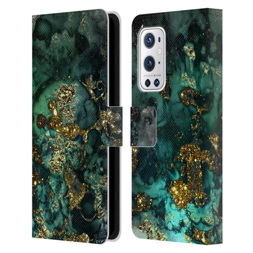 UtArt Malachite Emerald Gold And Seafoam Green Leather Book Wallet Case Cover For OnePlus 9 Pro