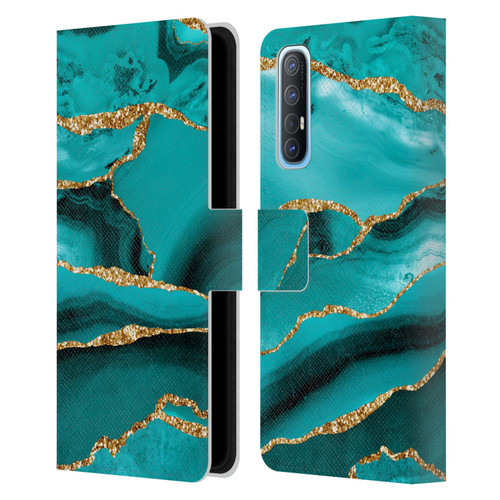 UtArt Malachite Emerald Aquamarine Gold Waves Leather Book Wallet Case Cover For OPPO Find X2 Neo 5G