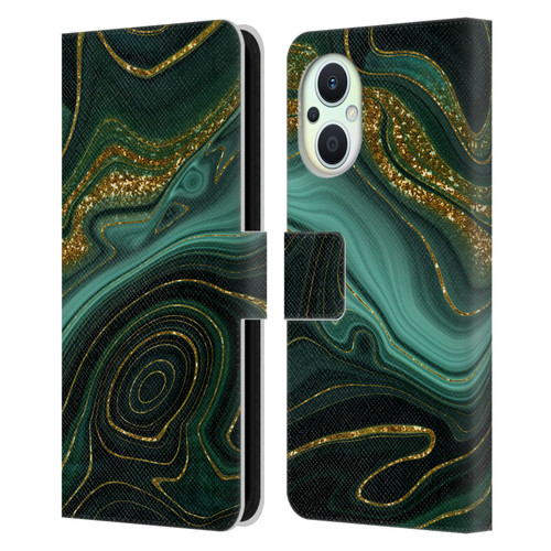 UtArt Malachite Emerald Gilded Teal Leather Book Wallet Case Cover For OPPO Reno8 Lite