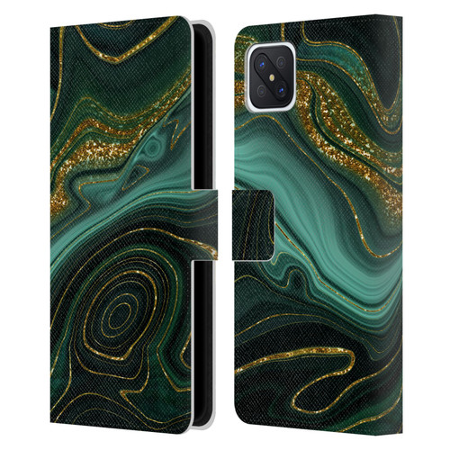 UtArt Malachite Emerald Gilded Teal Leather Book Wallet Case Cover For OPPO Reno4 Z 5G