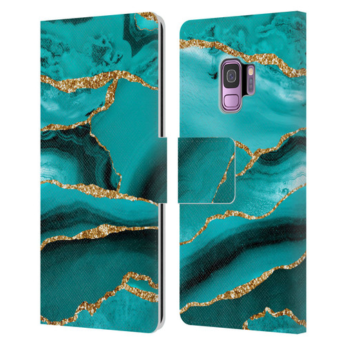 UtArt Malachite Emerald Aquamarine Gold Waves Leather Book Wallet Case Cover For Samsung Galaxy S9