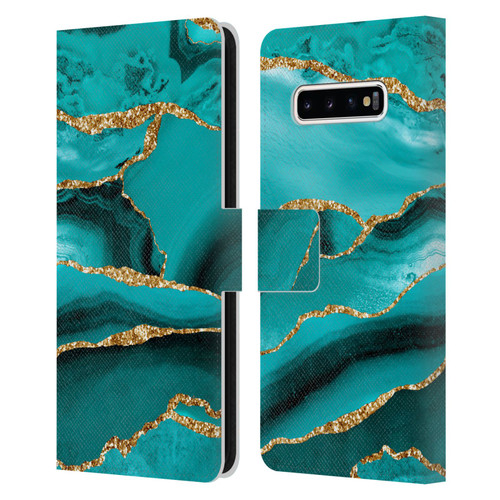 UtArt Malachite Emerald Aquamarine Gold Waves Leather Book Wallet Case Cover For Samsung Galaxy S10+ / S10 Plus