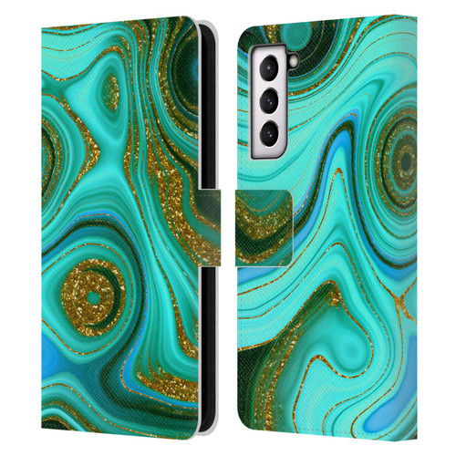 UtArt Malachite Emerald Liquid Gem Leather Book Wallet Case Cover For Samsung Galaxy S21 5G