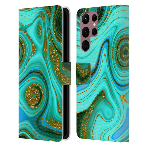UtArt Malachite Emerald Liquid Gem Leather Book Wallet Case Cover For Samsung Galaxy S22 Ultra 5G